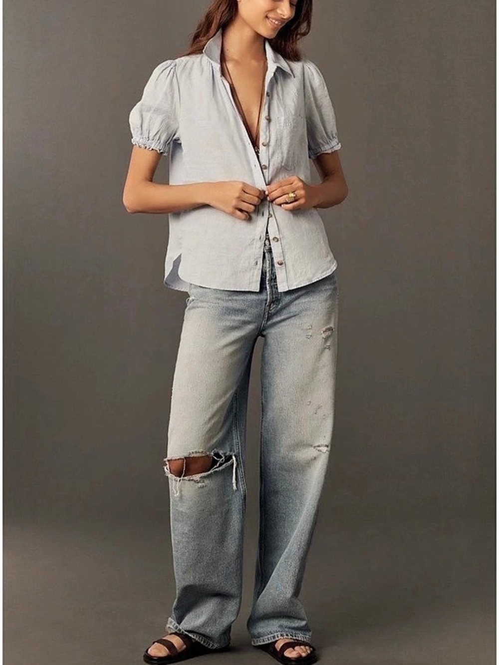Pilcro Aly 100% Linen Puff-Sleeve Blouse Blue Small - Picture 2 of 7